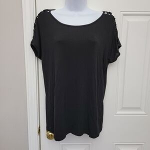 Tahari Black Short Lattice Sleeve Round Neck T Shirt Neutral Capsule Wardrobe M